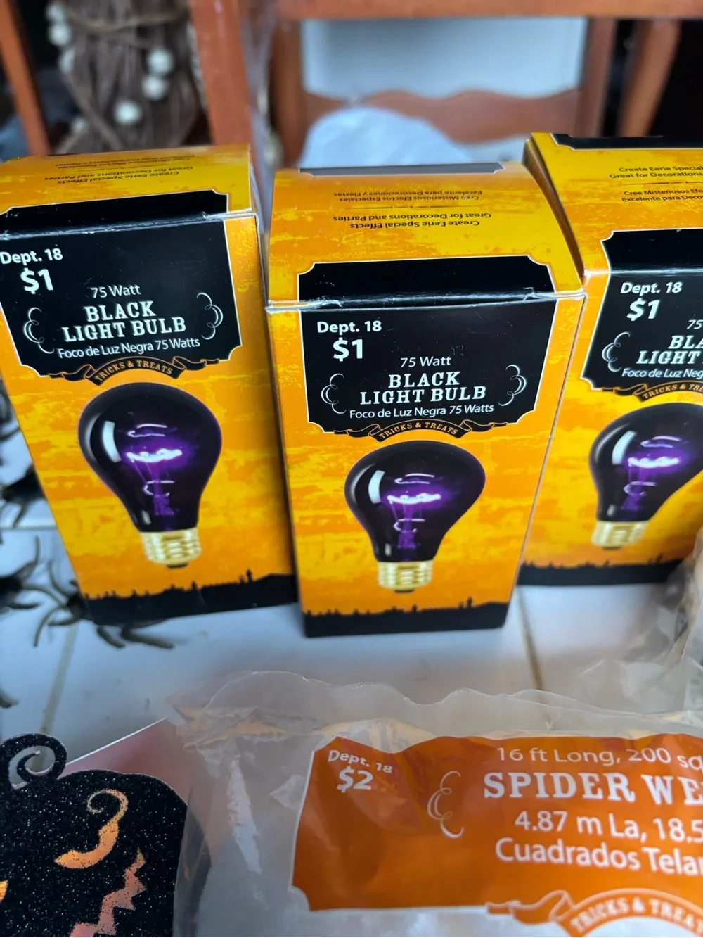 Halloween Decor Kit -Spiders & Mice, Spider Webs, Black Light Bulbs, Mask & More